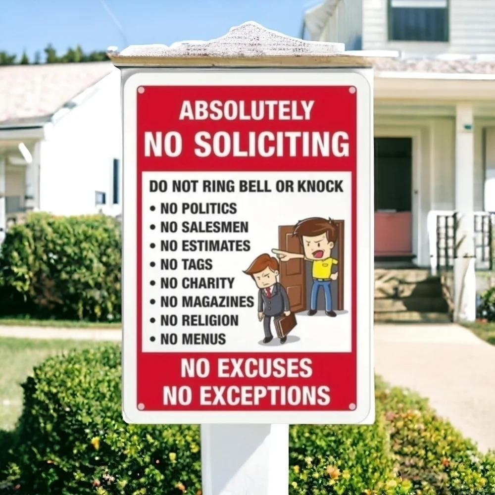 "absolutely no soliciting no excuses exceptions" metal tin sign, with graphic